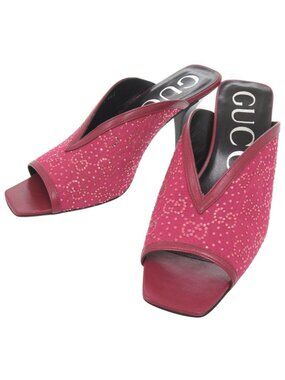 Gucci Logo Sandals Leather Rhinestone Wine Heels